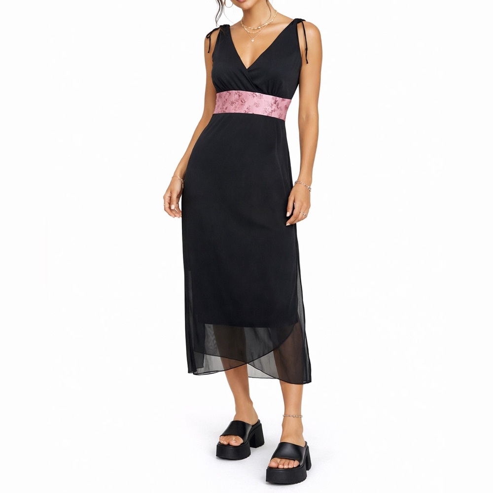 Y2K Mesh Satin Midi Dress Black Pink Size Large